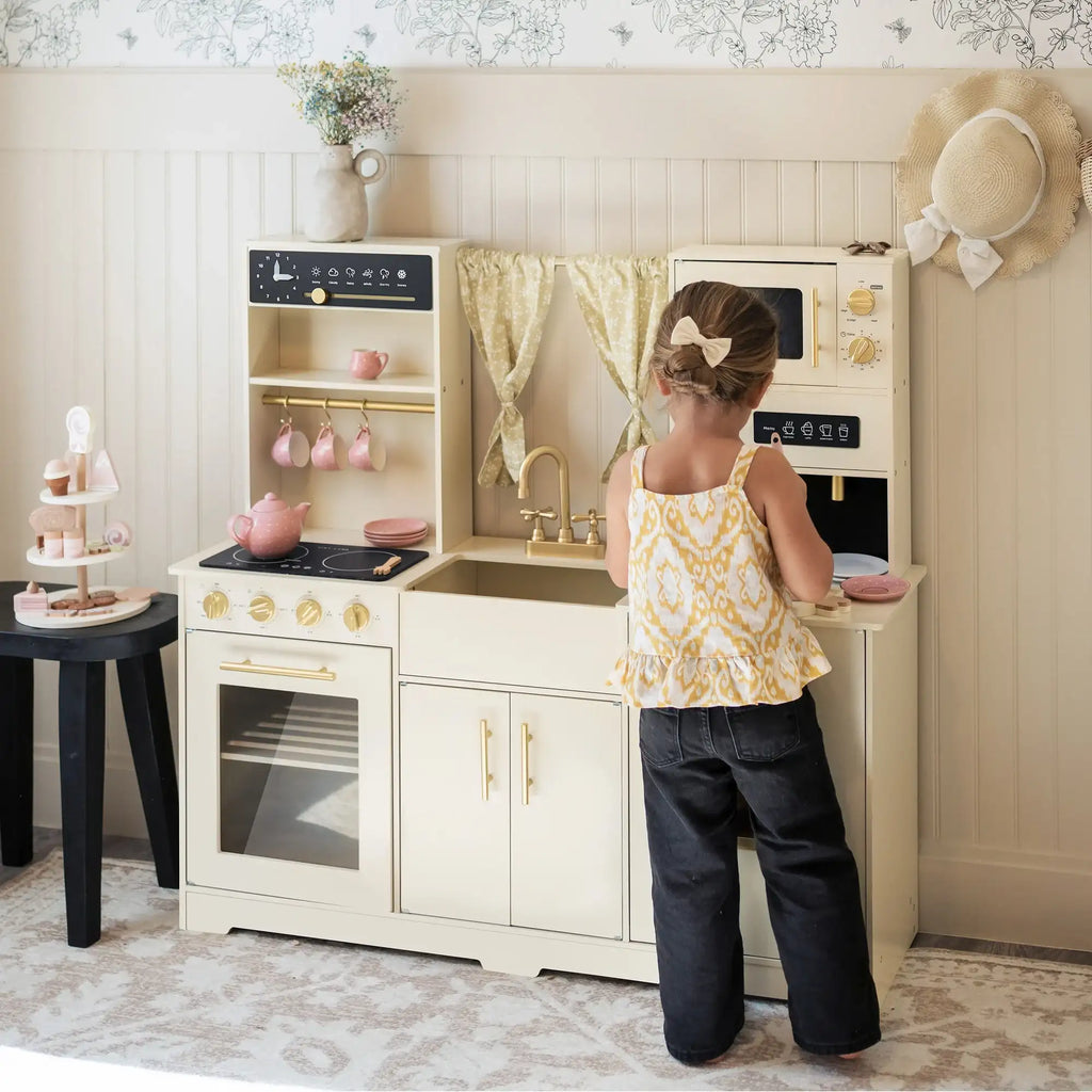 Tiny Land® Iconic Wooden Play Kitchen – Cream Pretend Cooking Set for Kids